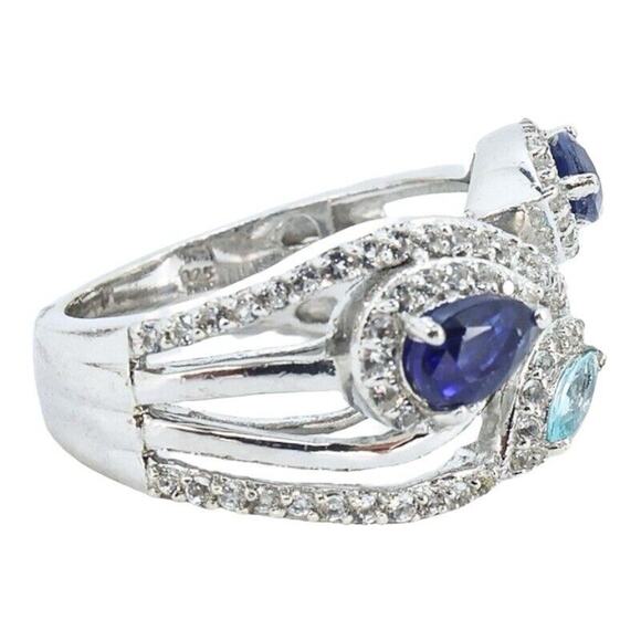 Sterling Silver Ring STS 925 Chuck Clemency Blue Crystals Size 8 Cocktail Bridal - Picture 5 of 7